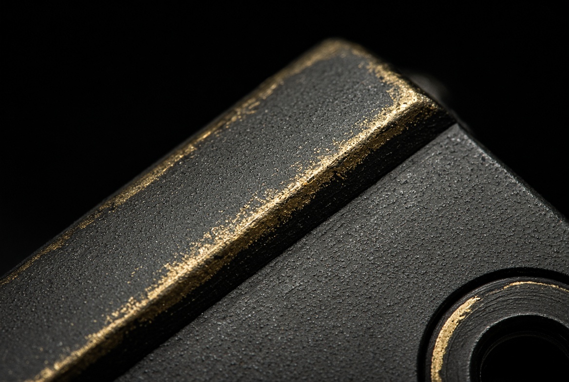 Concept render: macro of a worn gold on blackout Cerakote finish