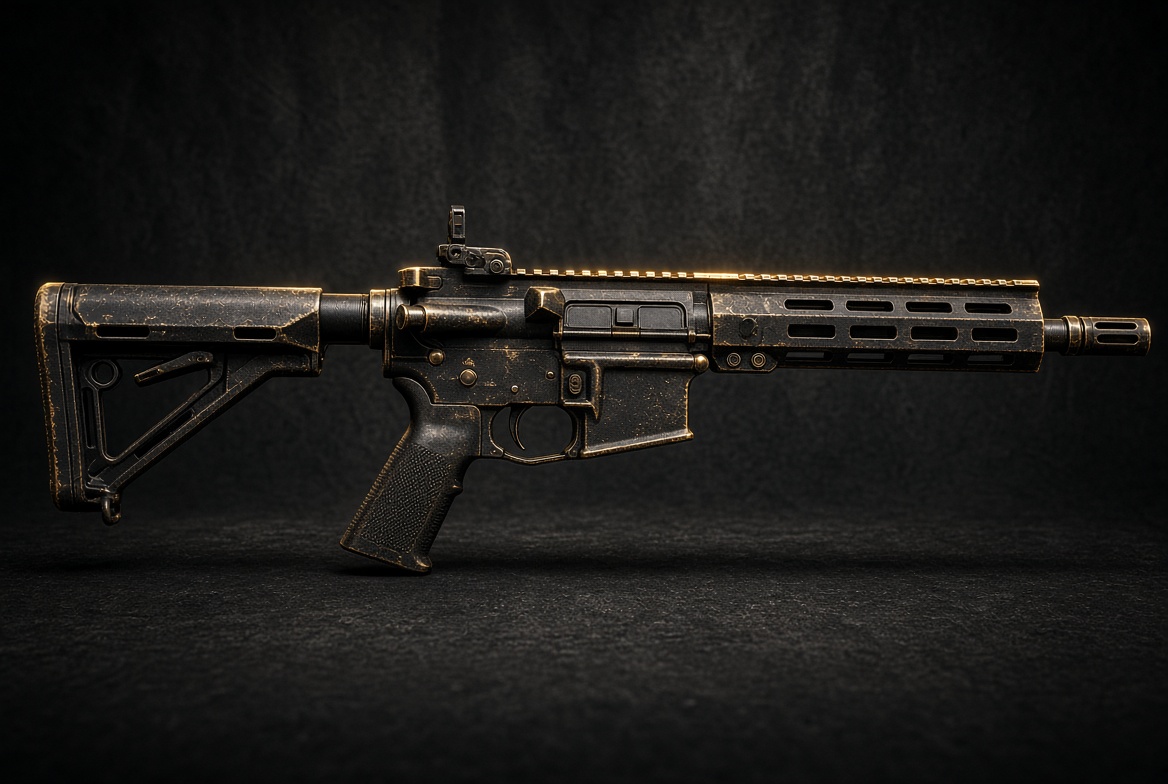 Concept render of a custom AR-15 in a blackout and gold finish